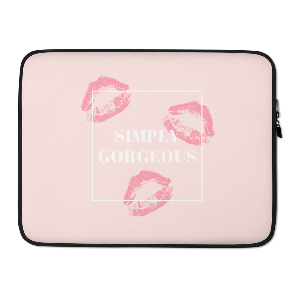 Pink laptop sleeve with black trim, three lipstick prints, and white “SIMPLY GORGEOUS” lettering