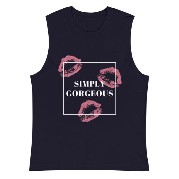 Black muscle top with pink lip illustrations and a white square reading “SIMPLY GORGEOUS”