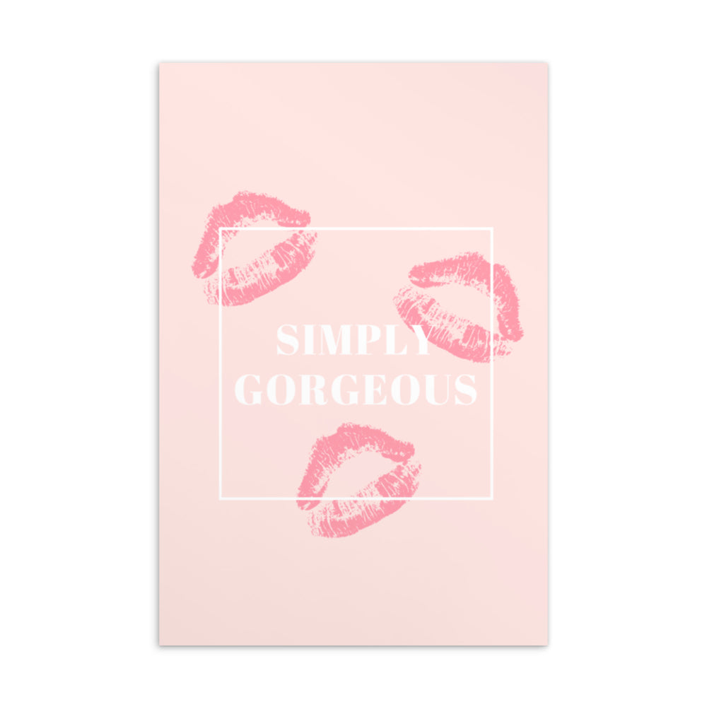 Pink postcard with three darker pink lip prints, white border, and “SIMPLY GORGEOUS” text