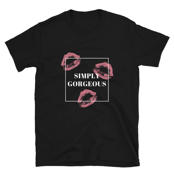 Black T-shirt with pink lip prints, white square border, and “SIMPLY GORGEOUS” text