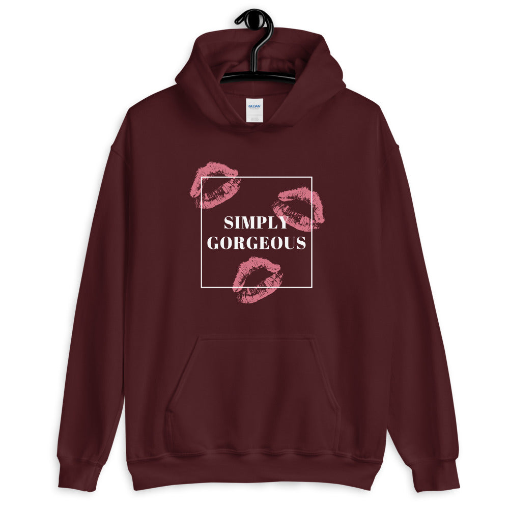Maroon pullover hoodie with pink lips and “SIMPLY GORGEOUS” chest graphic