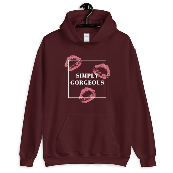 Maroon pullover hoodie with pink lips and “SIMPLY GORGEOUS” chest graphic