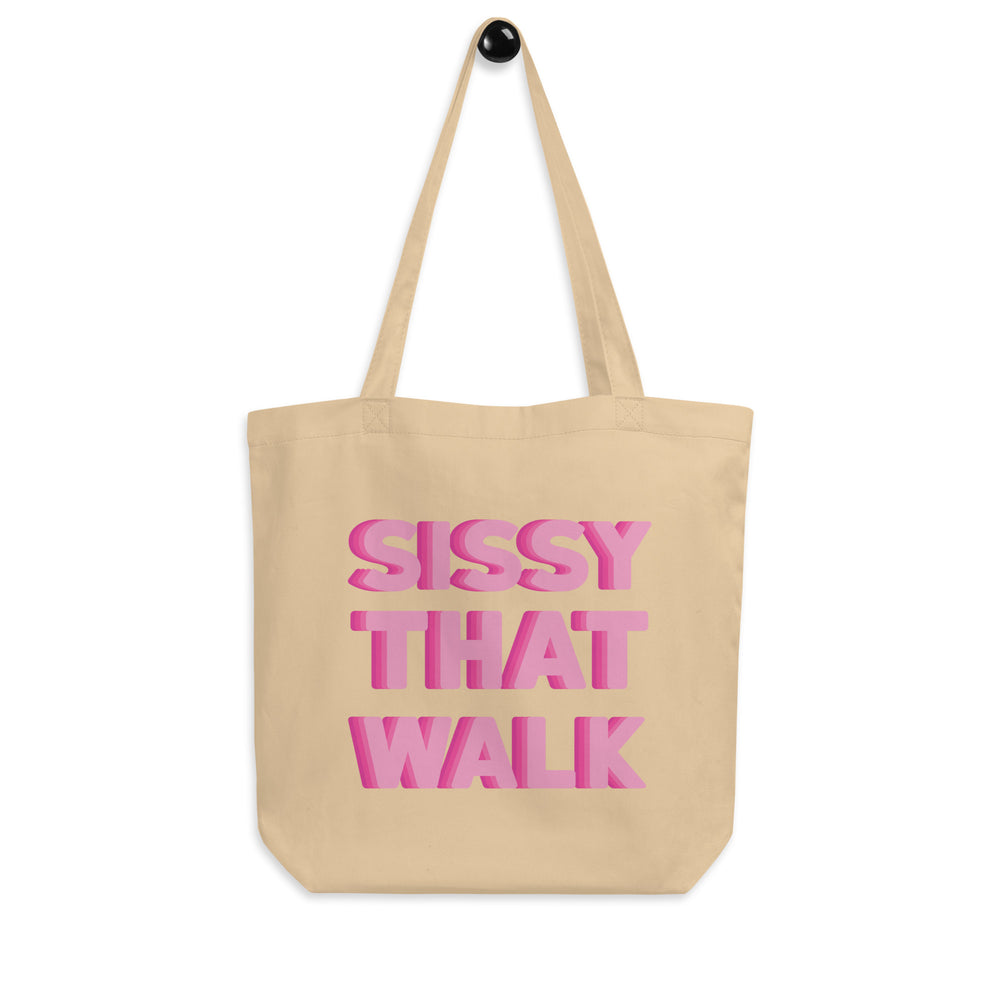 Oyster canvas tote bag with pink stacked text reading “SISSY THAT WALK”