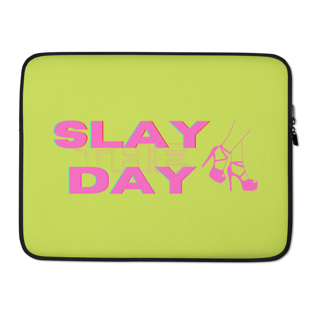 Lime-green laptop sleeve with pink “SLAY THE DAY” lettering and high-heel graphic