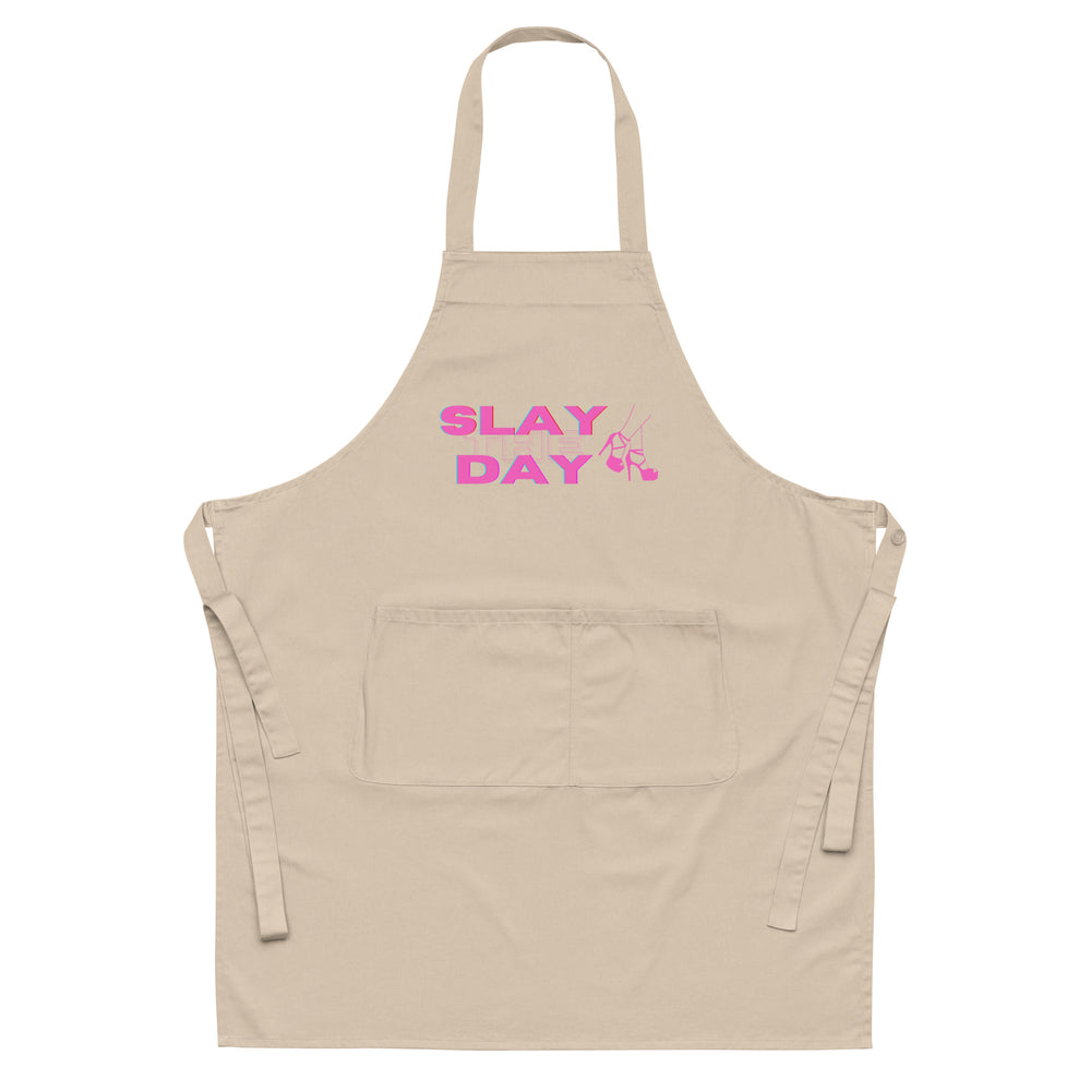 Front-facing beige apron with pink “SLAY DAY” lettering and high-heel graphic