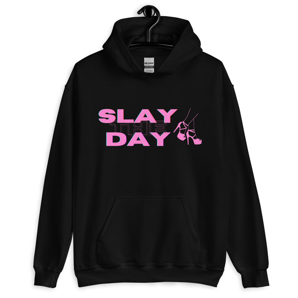 Front view of a black hoodie with pink “SLAY THE DAY” text and high-heeled shoes