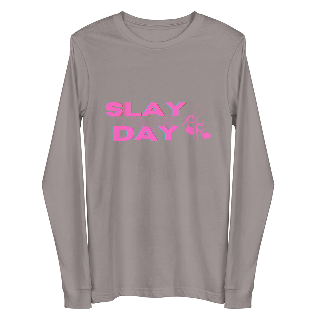 Front view of a gray long-sleeve shirt reading “SLAY THE DAY” with pink high-heel graphics