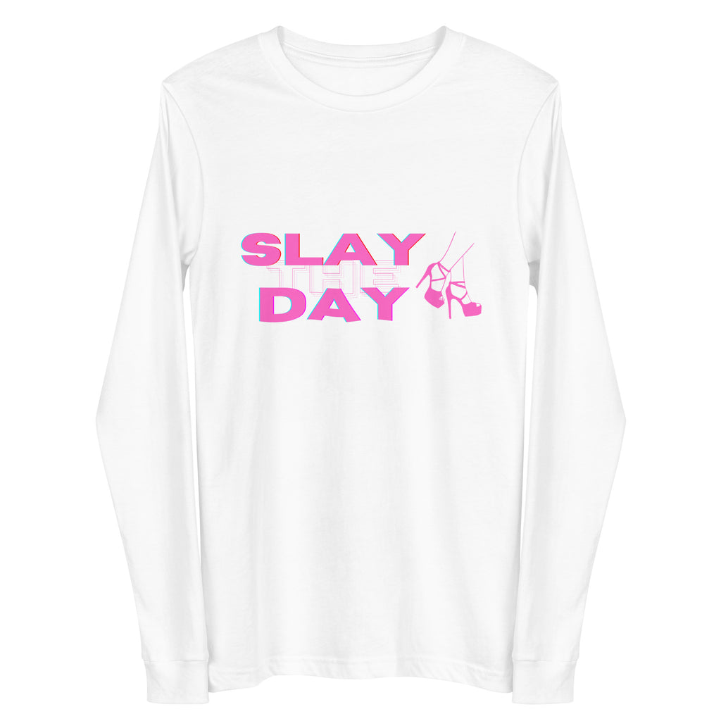 Front view of a white long-sleeve shirt reading “SLAY THE DAY” with pink high heels