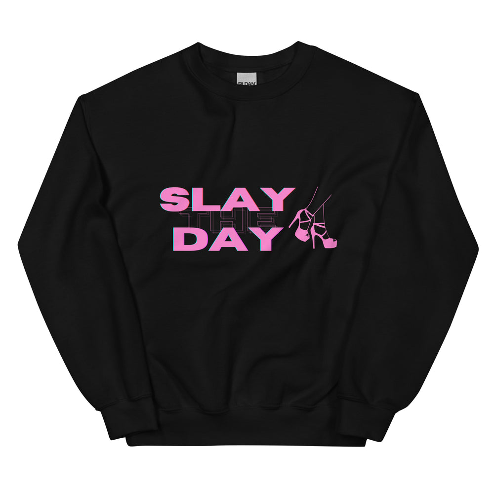Front view of a black sweatshirt reading “SLAY THE DAY” with pink high-heel graphics