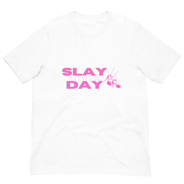Front view of a white T-shirt with pink and turquoise “SLAY THE DAY” text and high-heel graphic