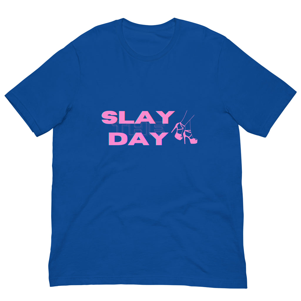 Royal blue T-shirt laid flat with pink “SLAY THE DAY” text and high-heel graphic