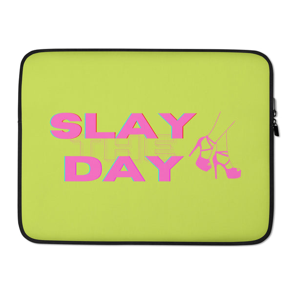 Lime-green laptop sleeve with pink “SLAY THE DAY” lettering and high-heel graphic
