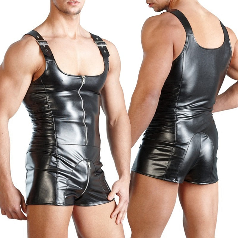 Front and back views of a black faux-leather sleeveless open-crotch jumpsuit