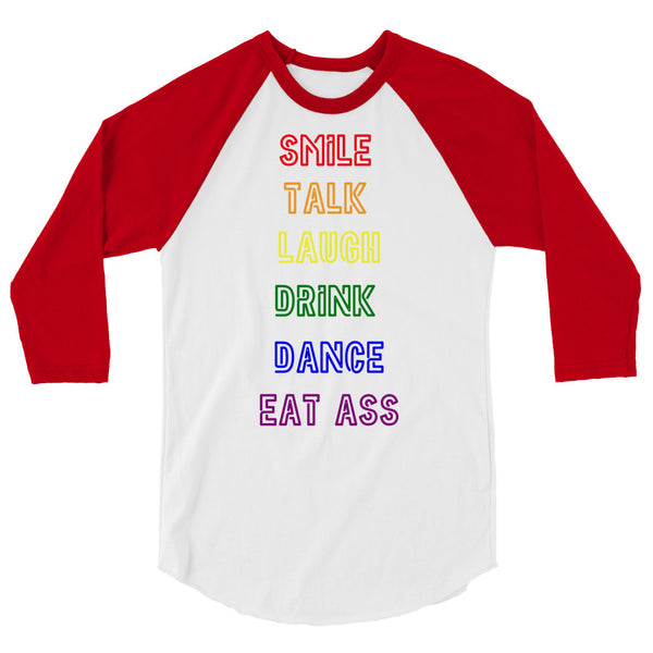 Front view of a white raglan shirt with red three-quarter sleeves and rainbow text