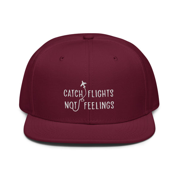 Burgundy maroon Catch Flights Not Feelings Snapback Hat by Queer In The World Originals sold by Queer In The World: The Shop - LGBT Merch Fashion