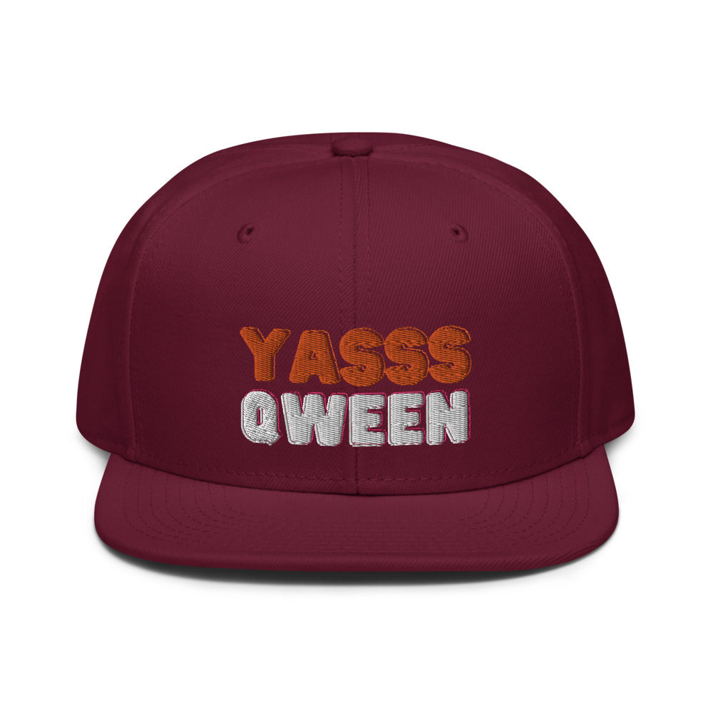 Burgundy maroon Yasss Qween Snapback Hat by Printful sold by Queer In The World: The Shop - LGBT Merch Fashion