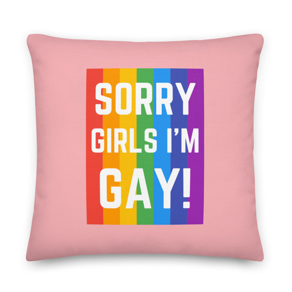 Front-facing pink pillow with a rainbow panel reading “SORRY GIRLS I’M GAY!”