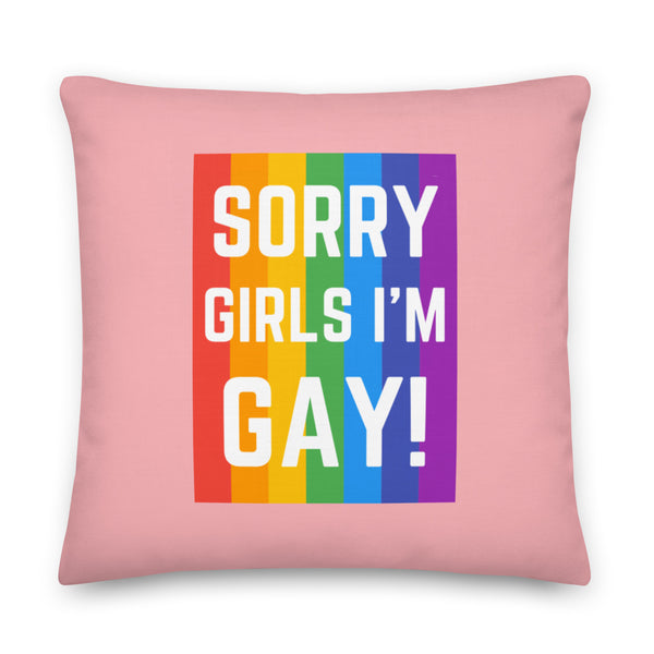 Front-facing pink pillow with a rainbow panel reading “SORRY GIRLS I’M GAY!”