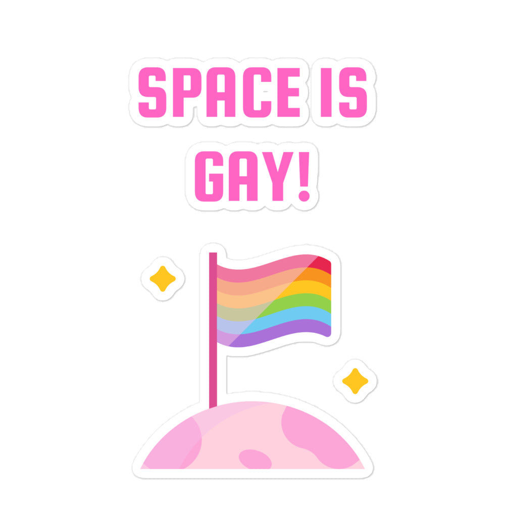 Sticker sheet reading “SPACE IS GAY!” above a rainbow flag on a pink planet