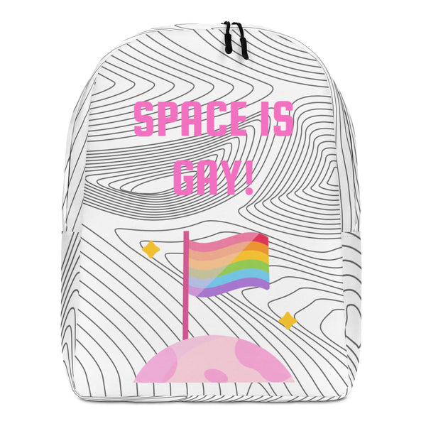 Front view of a white backpack with black contour lines, pink “SPACE IS GAY!” text, and a rainbow flag over a pink planet