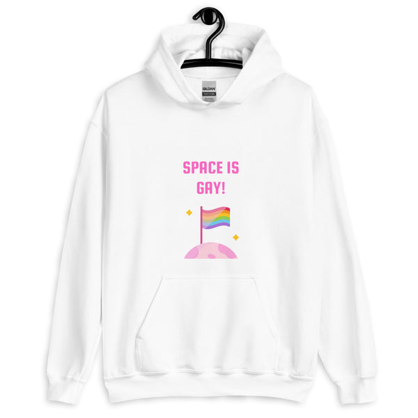 Front view of a white hoodie reading “SPACE IS GAY!” above a rainbow flag on a pink planet
