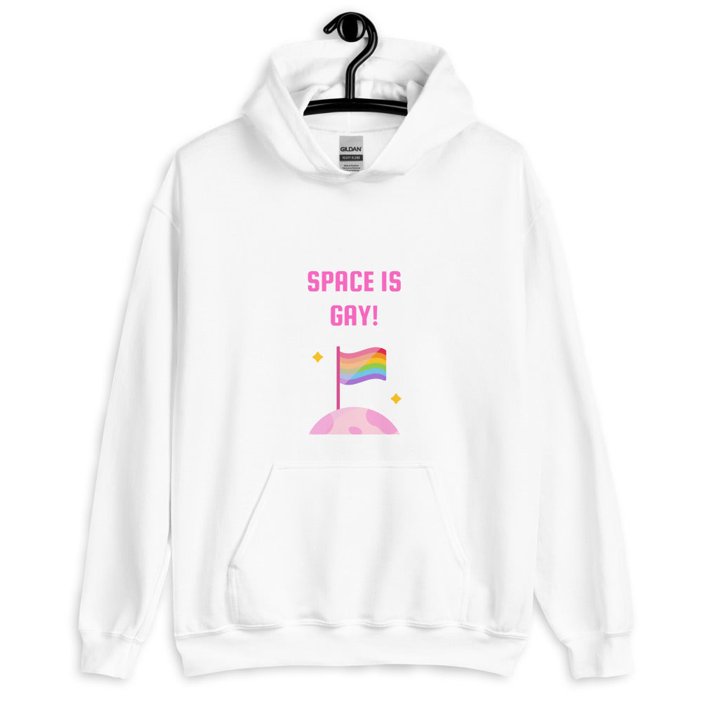 Front view of a white hoodie reading “SPACE IS GAY!” above a rainbow flag on a pink planet