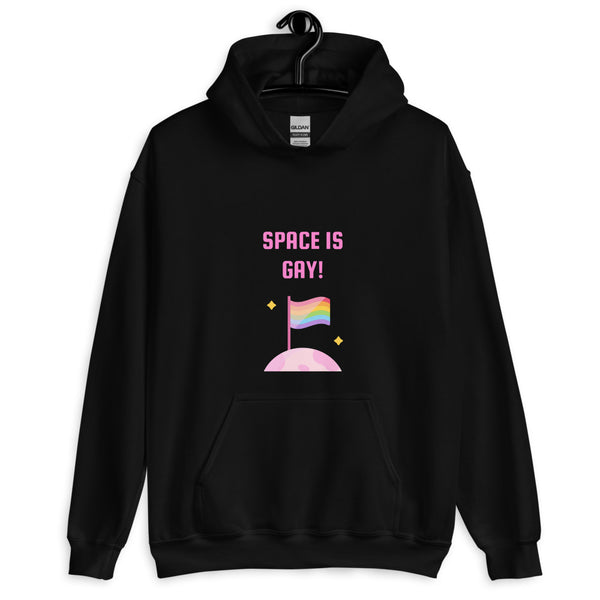 Front-view black hoodie reading “SPACE IS GAY!” above a rainbow flag on a pink planet