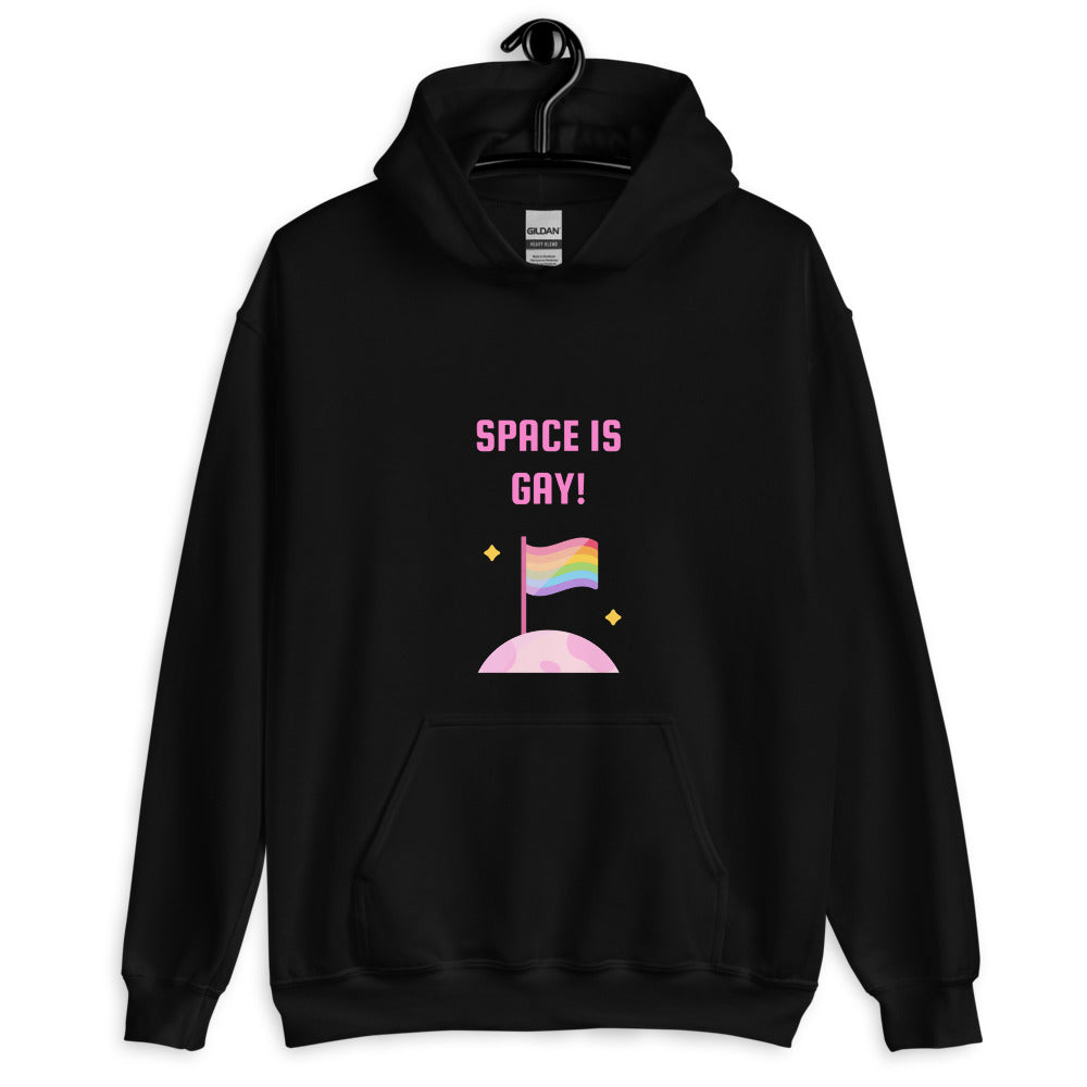 Front-view black hoodie reading “SPACE IS GAY!” above a rainbow flag on a pink planet
