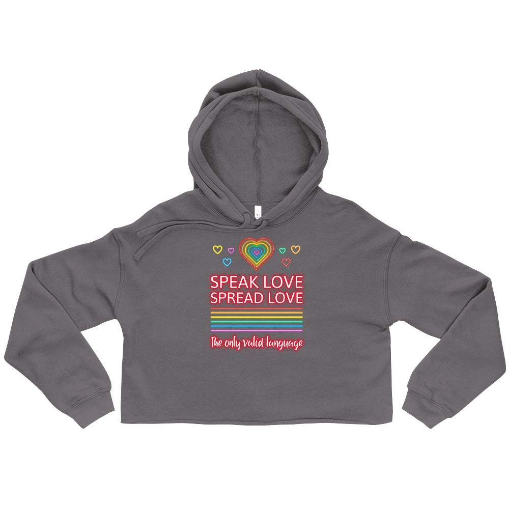 Front view of a charcoal cropped hoodie with rainbow hearts and “SPEAK LOVE SPREAD LOVE” text
