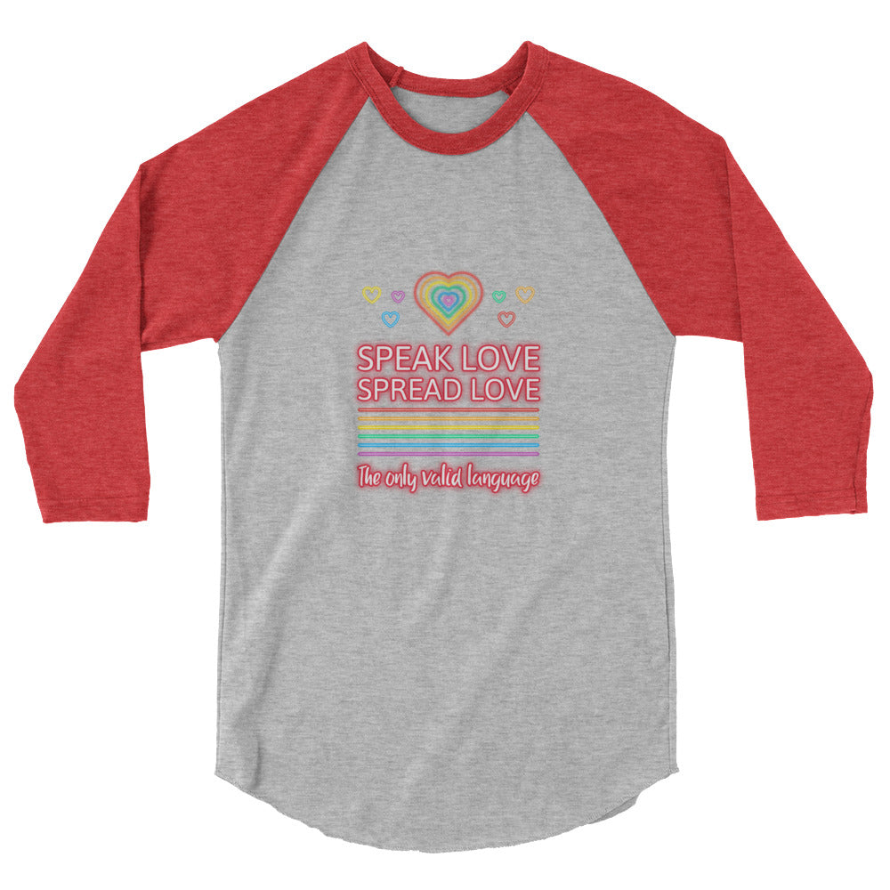 Front view of a gray raglan shirt with red three-quarter sleeves and rainbow heart lettering