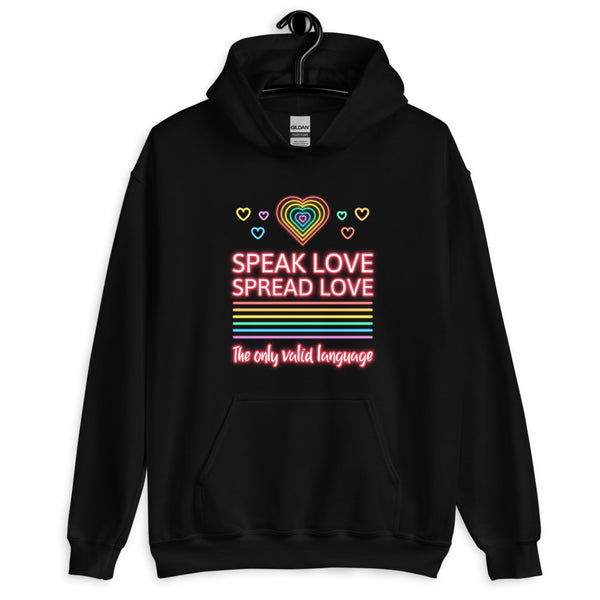 Front view of a black hoodie with neon hearts and “Speak Love Spread Love” text