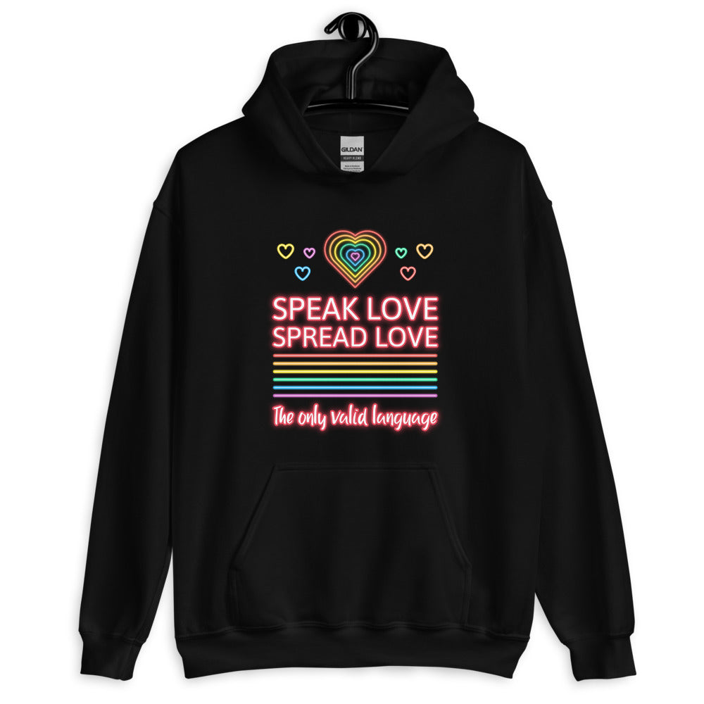 Front view of a black hoodie with neon hearts and “Speak Love Spread Love” text