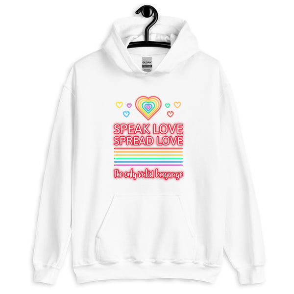 White hoodie with rainbow hearts and “Speak Love Spread Love” graphic
