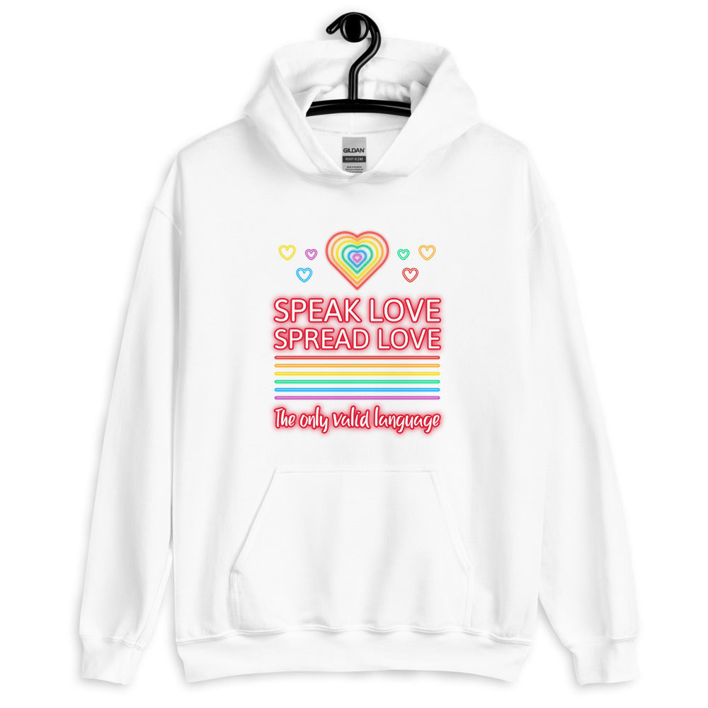 White hoodie with rainbow hearts and “Speak Love Spread Love” graphic