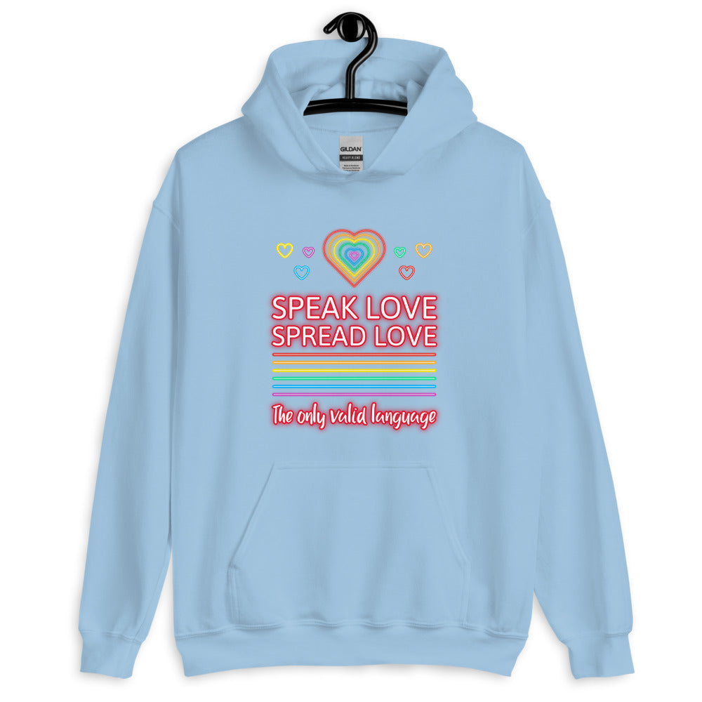 Light blue pullover hoodie with rainbow hearts and “SPEAK LOVE SPREAD LOVE” text