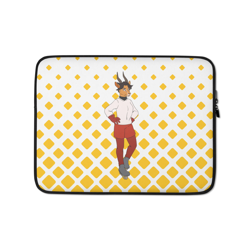 Laptop sleeve with black trim, yellow diamond pattern, and a horned character in red clothing