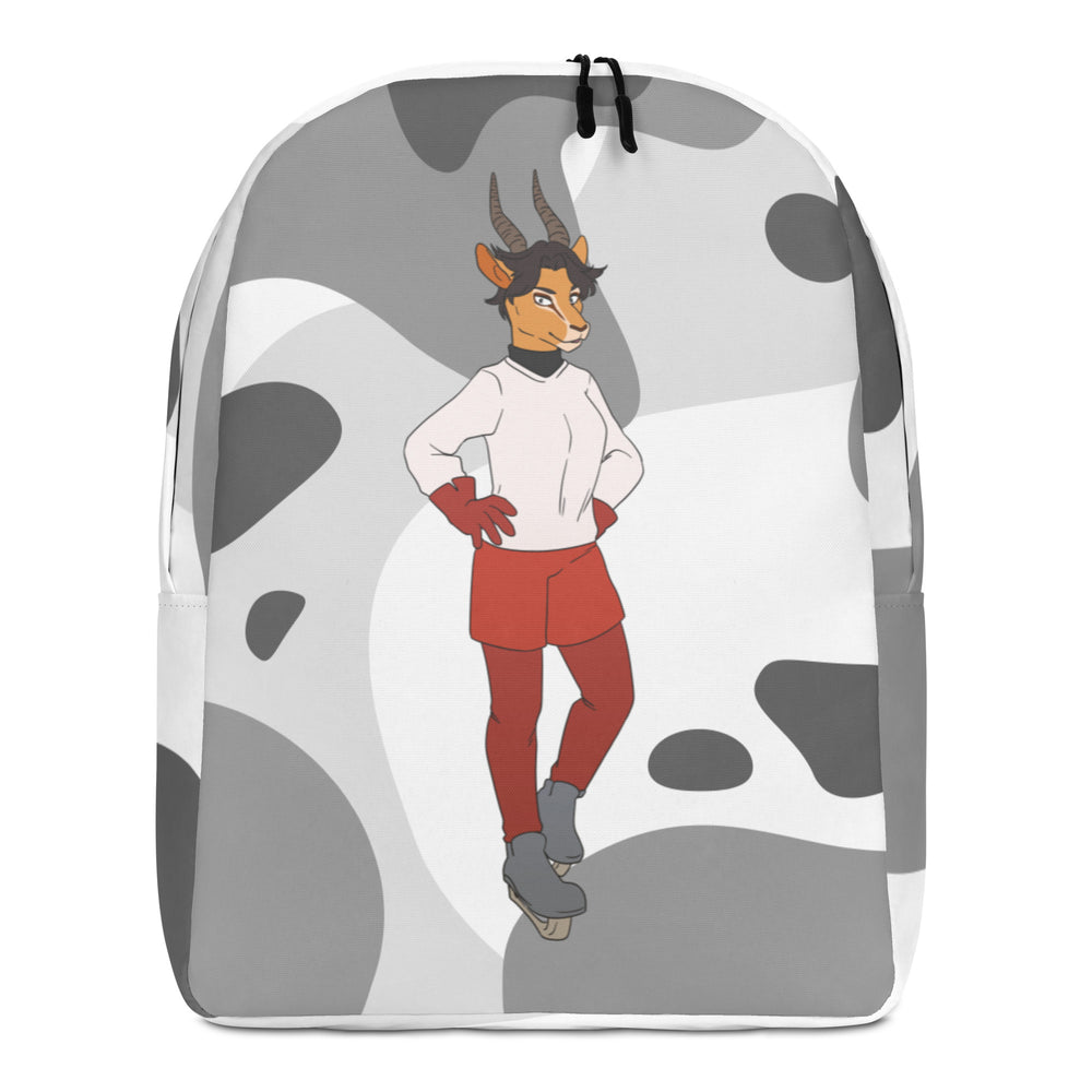 Front view of a white backpack with gray abstract shapes and a horned character in red clothing