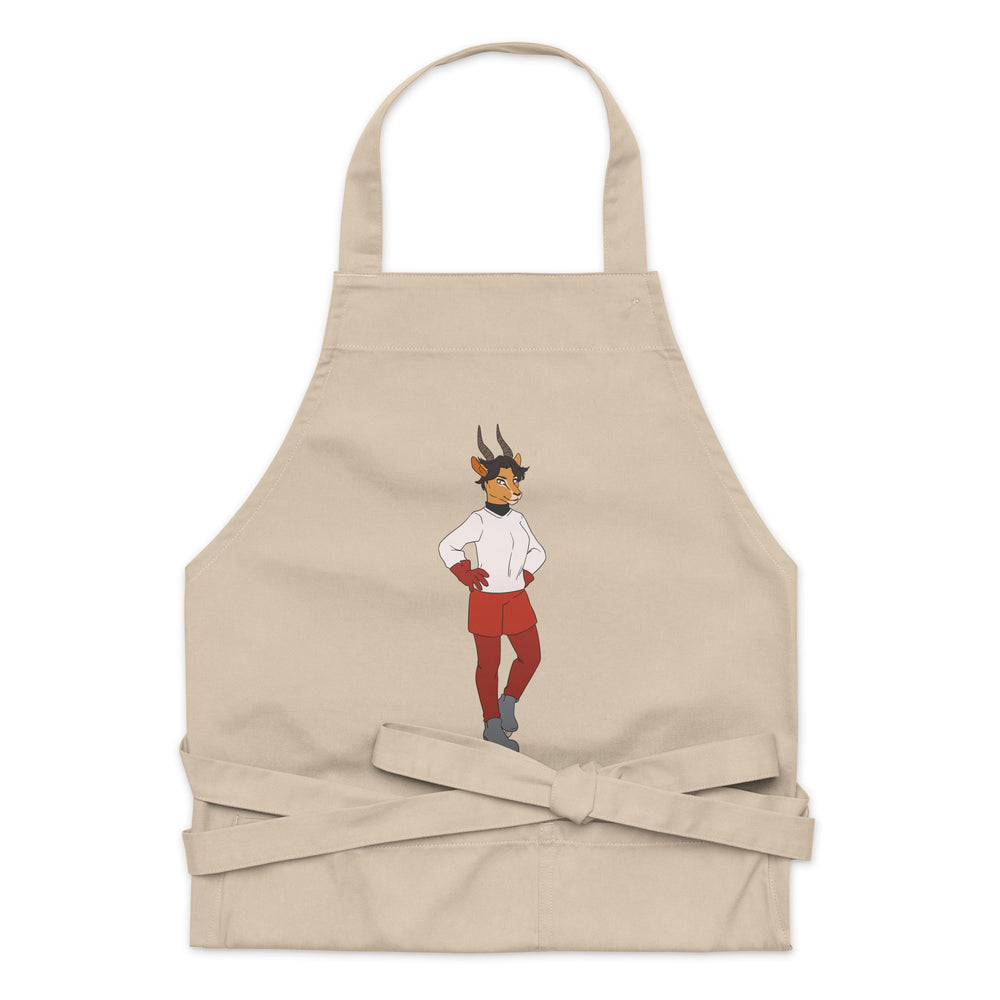 Flat-lay beige apron with a horned cartoon character in red shorts and gloves
