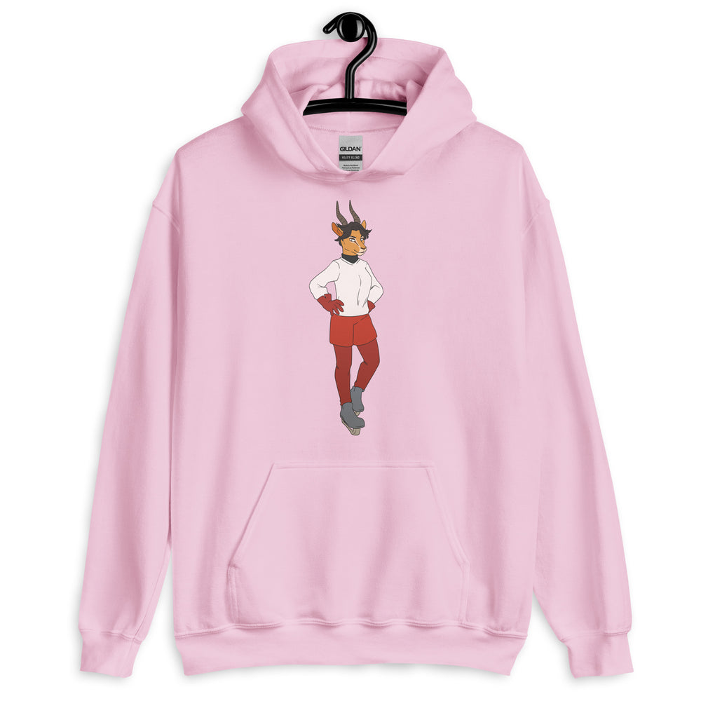 Front view of a light pink hoodie with a horned cartoon character graphic