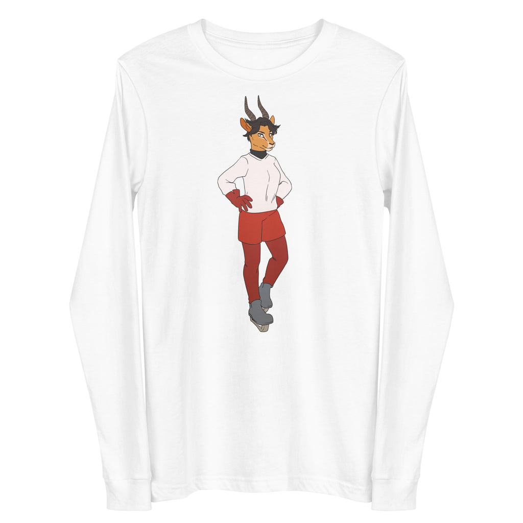 White long-sleeve shirt with a centered cartoon horned figure in red shorts and gloves