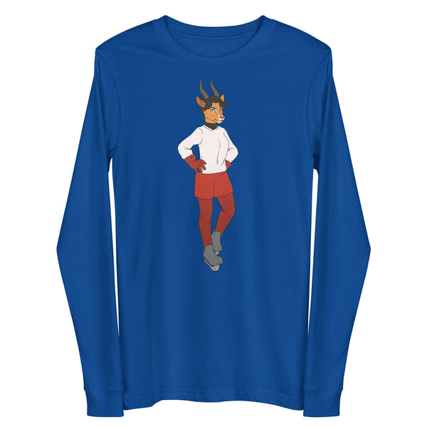 Front view of a royal-blue long-sleeve shirt with a centered horned character illustration