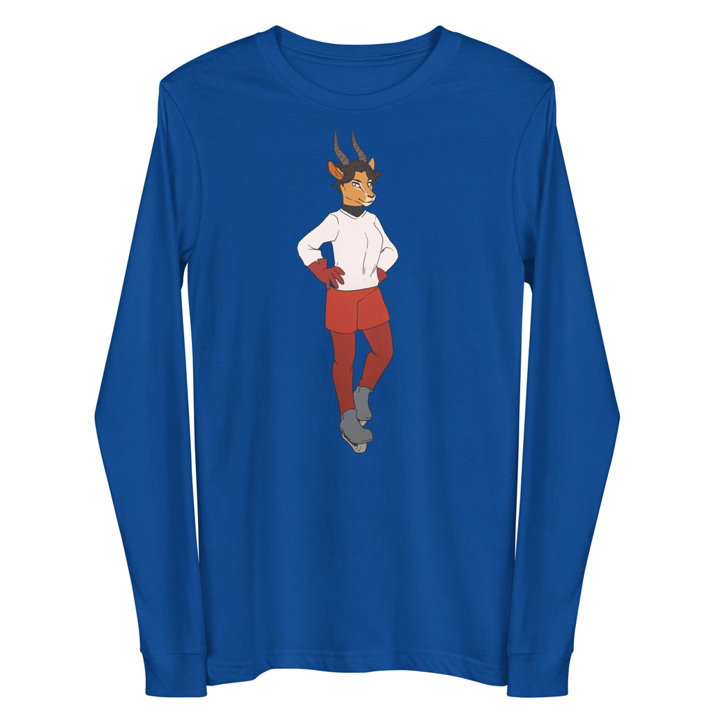 Front view of a royal-blue long-sleeve shirt with a centered horned character illustration