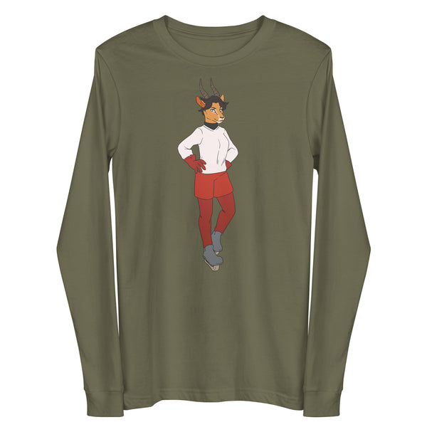 Front view of an olive-green long-sleeve shirt with a horned cartoon character graphic