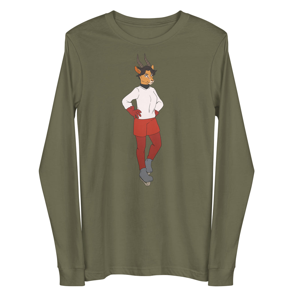 Front view of an olive-green long-sleeve shirt with a horned cartoon character graphic