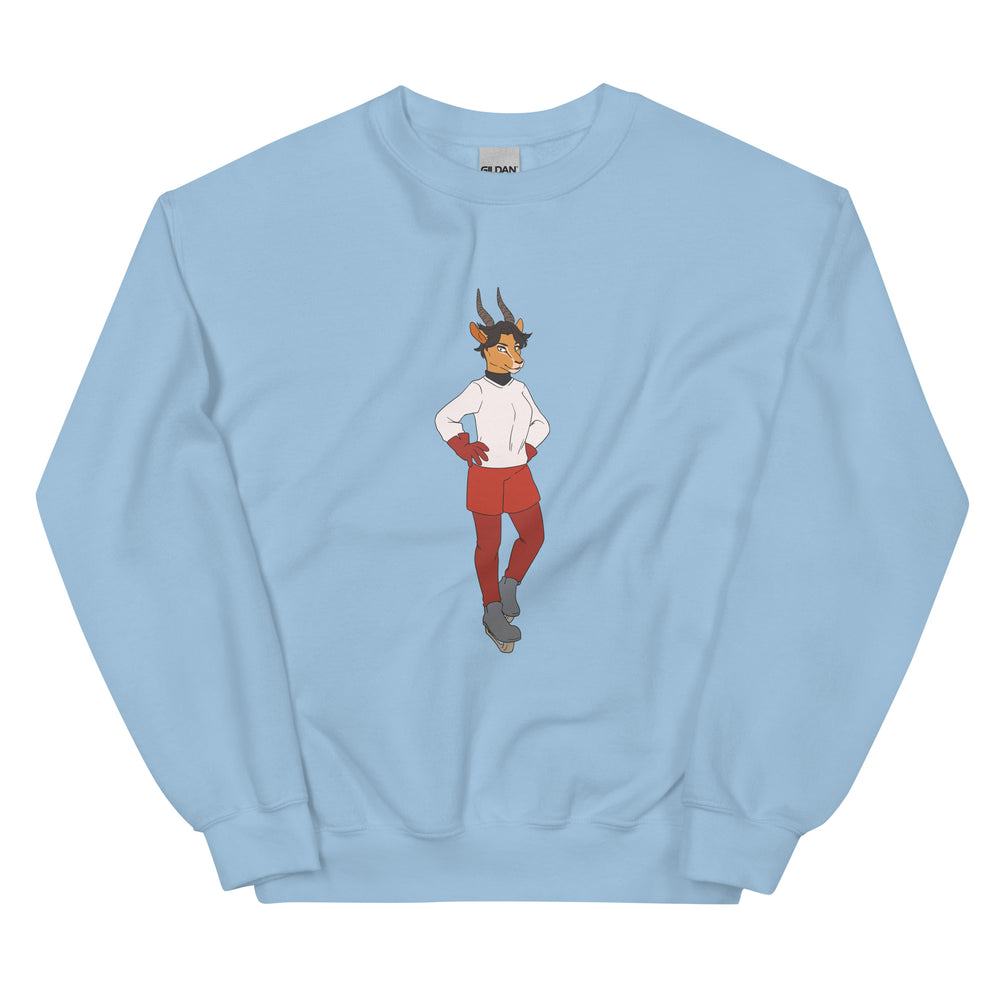 Front-view light blue sweatshirt with a centered horned, goat-like character illustration