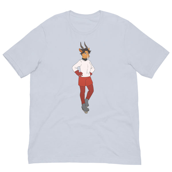 Flat-lay light blue T-shirt with a centered illustration of a horned character in red shorts