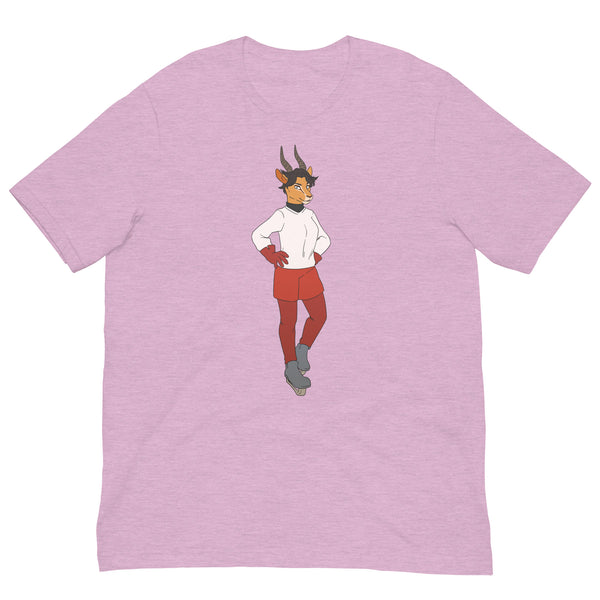 Front view of a heather lilac T-shirt with a horned cartoon athlete graphic