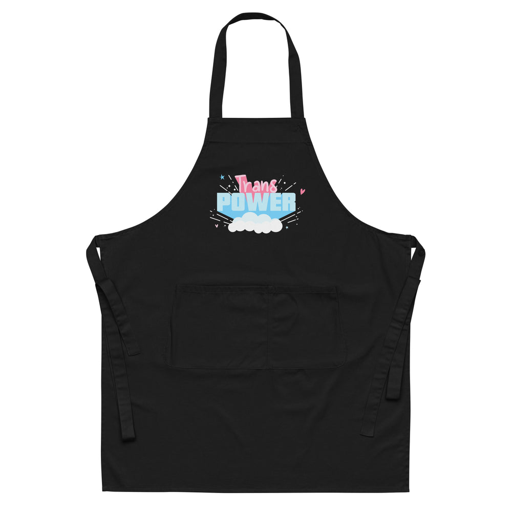 Black apron with neck strap, waist ties, front pocket, and colorful “Trans POWER” graphic