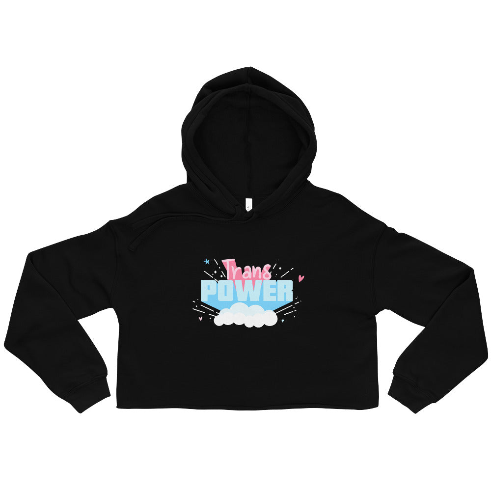 Front view of a black cropped hoodie with colorful “Trans POWER” chest graphic