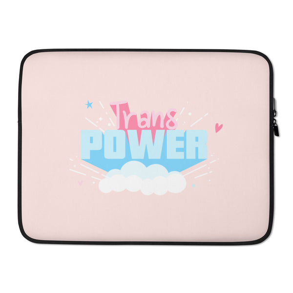 Front view of a pale pink laptop sleeve with black trim and “Trans Power” graphic